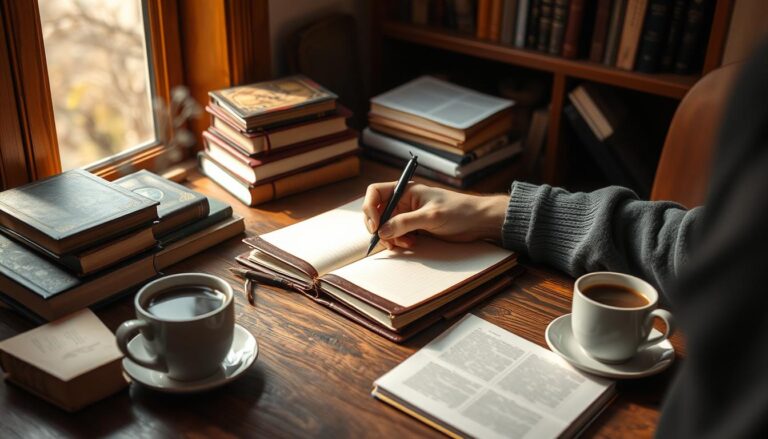 A person writing in a journal with books and coffee nearby - signs you were destined to be a writer