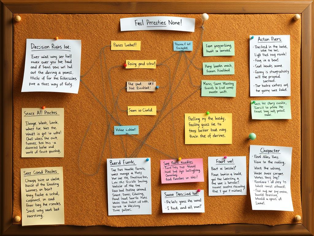 Flowchart showing multiple narrative paths with decision points, representing interactive fiction pacing challenges
