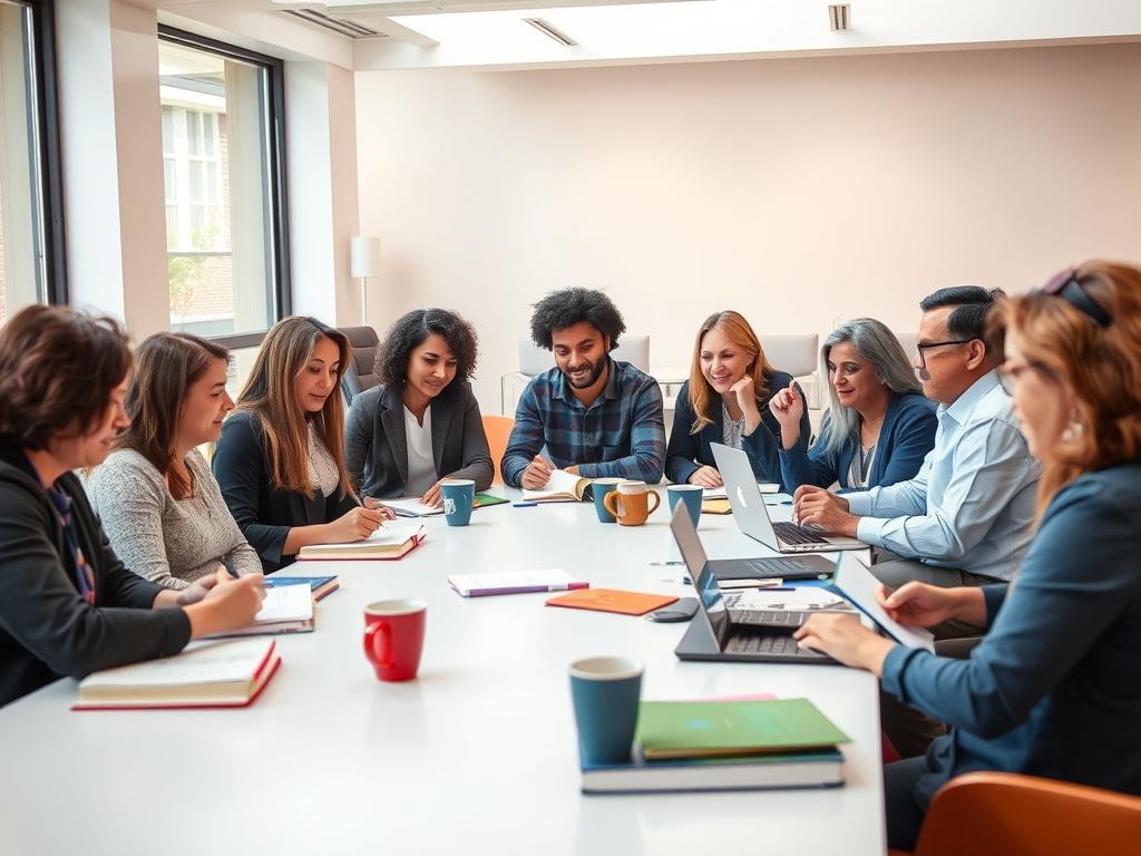 Group of diverse writers collaborating at a fellowship program