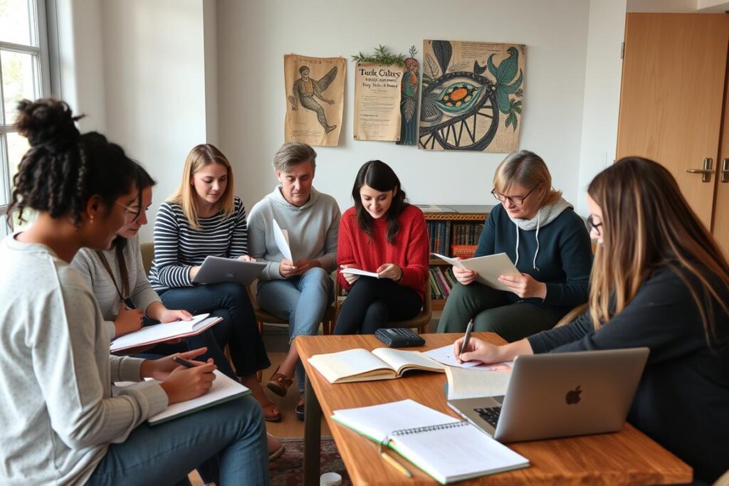 Group of writers in a workshop setting supporting each other through writing challenges