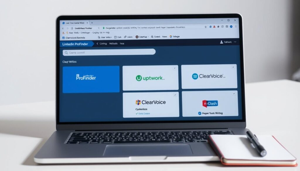 Laptop screen showing LinkedIn ProFinder and other platforms for finding corporate writing gigs