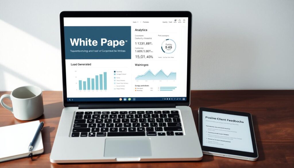 Laptop showing a completed white paper project with analytics dashboard