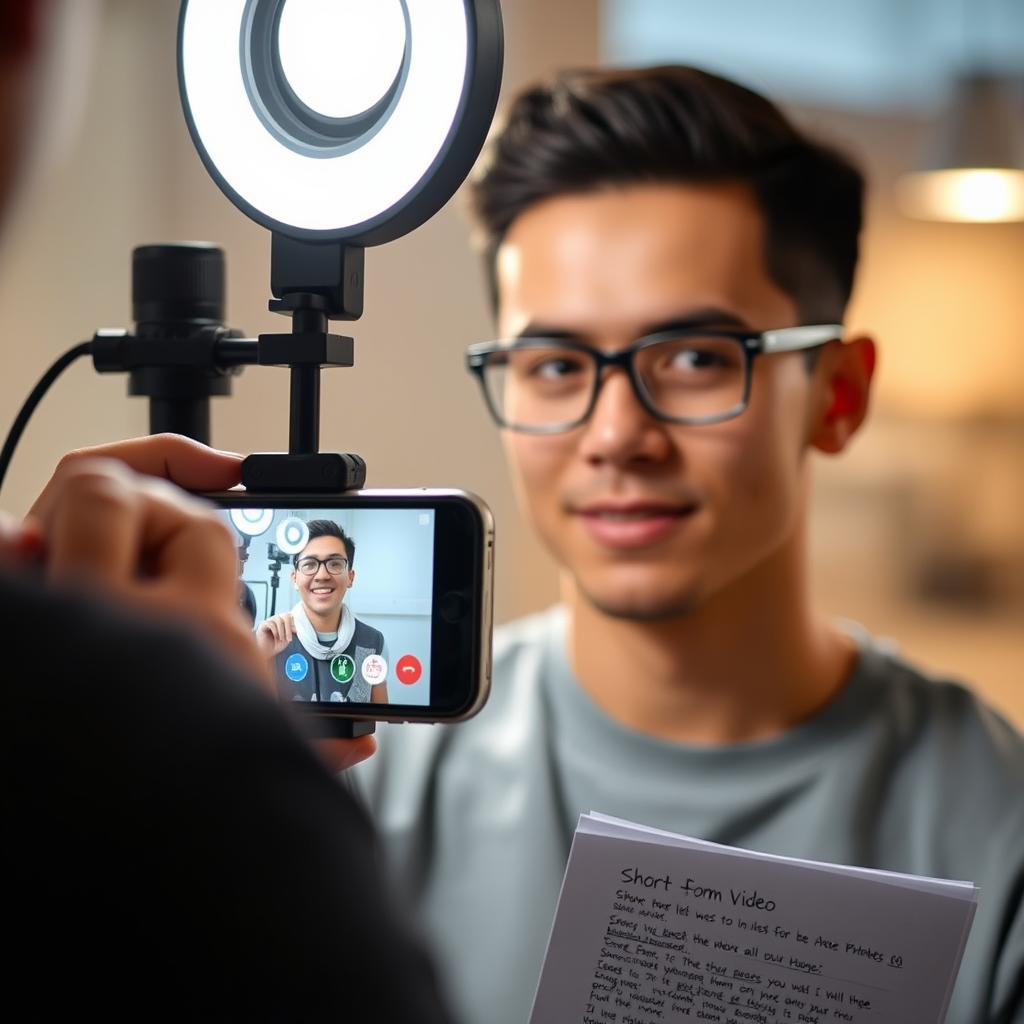 Person filming a short-form video on smartphone with script notes nearby, representing TikTok-style micro-storytelling challenges