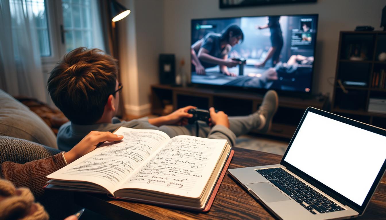 Person playing a narrative-driven video game to beat writer's block