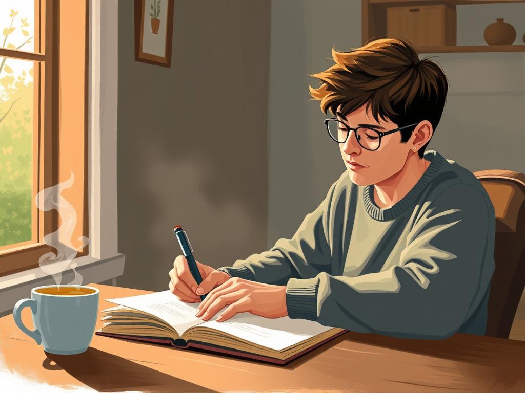 Person writing in journal with coffee cup nearby, representing the habit stacking technique for writing challenges