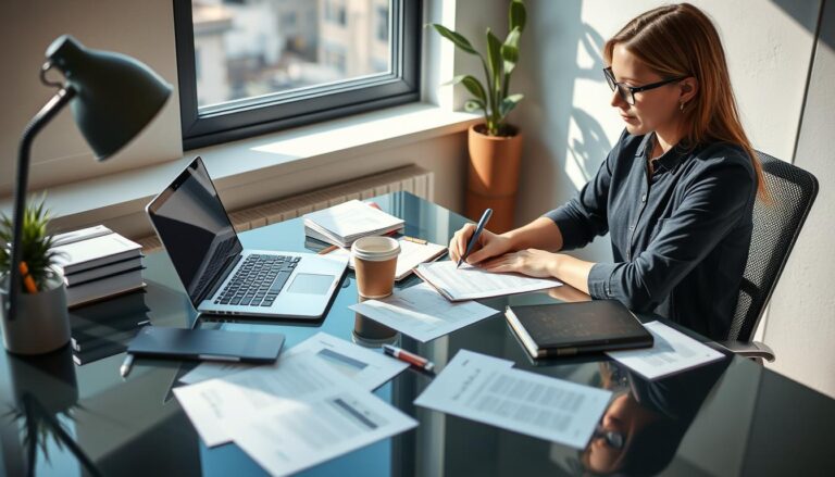 Professional writer working on corporate content at desk with laptop and corporate materials