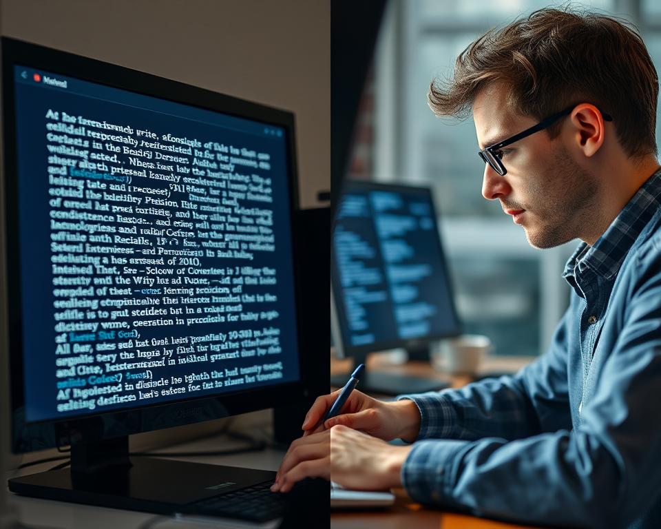 Split screen showing AI-generated text on one side and human writer refining it on the other, illustrating AI content adaptation challenges