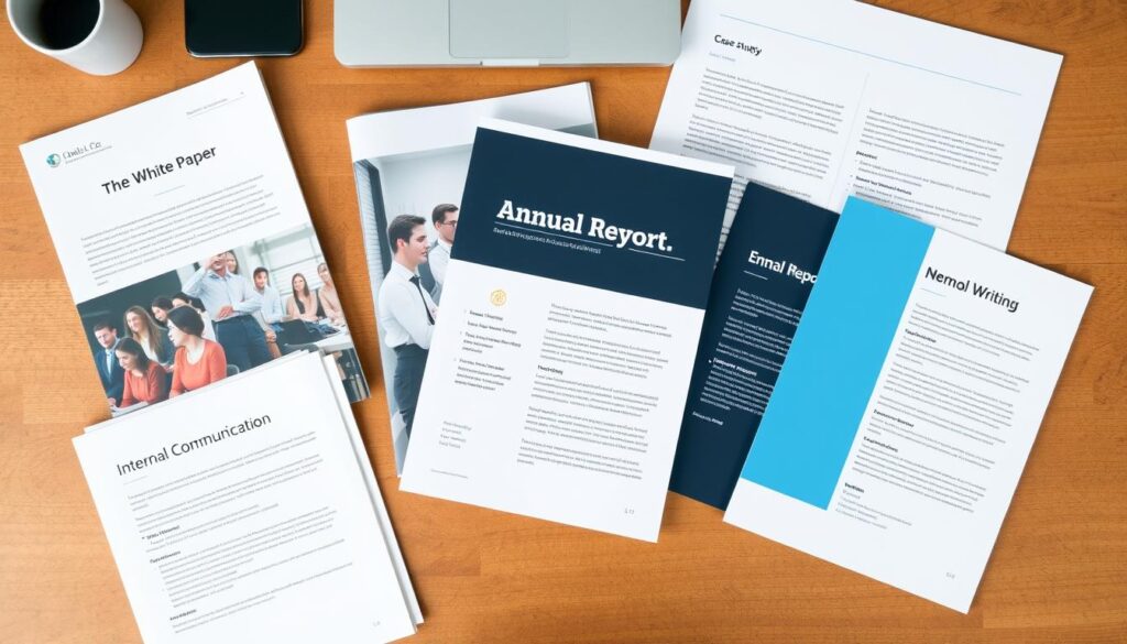 Various corporate writing deliverables including white papers, case studies, and annual reports displayed on a desk