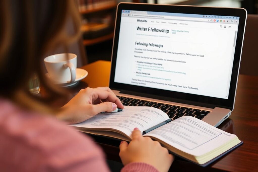 Writer browsing fellowship opportunities on laptop