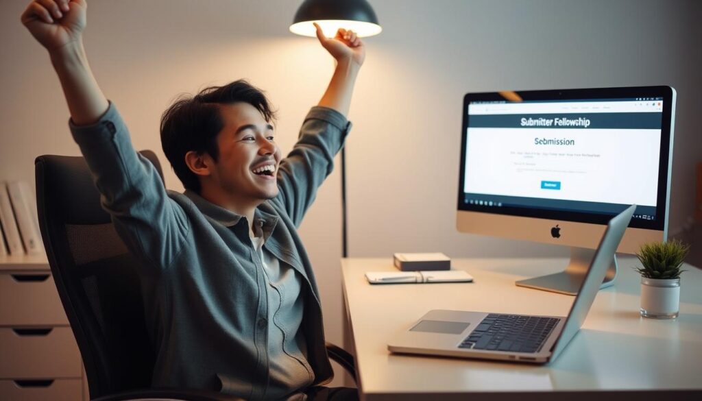 Writer celebrating after submitting fellowship application