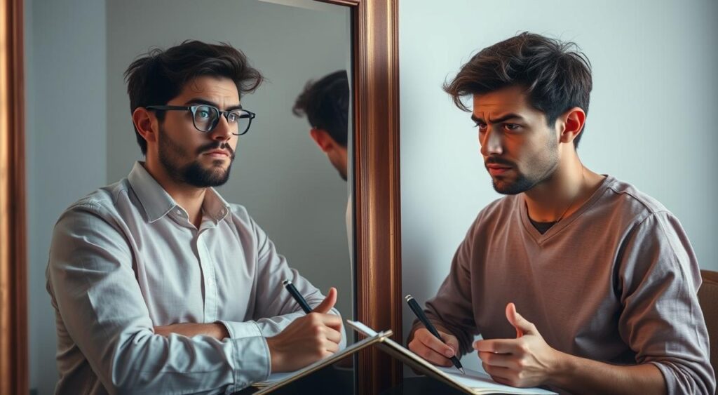 Writer looking at their reflection showing confident author persona, illustrating imposter syndrome and psychological writing challenges