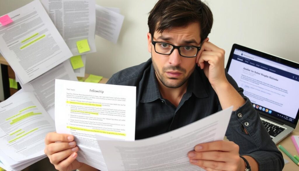 Writer looking frustrated while reviewing fellowship application requirements