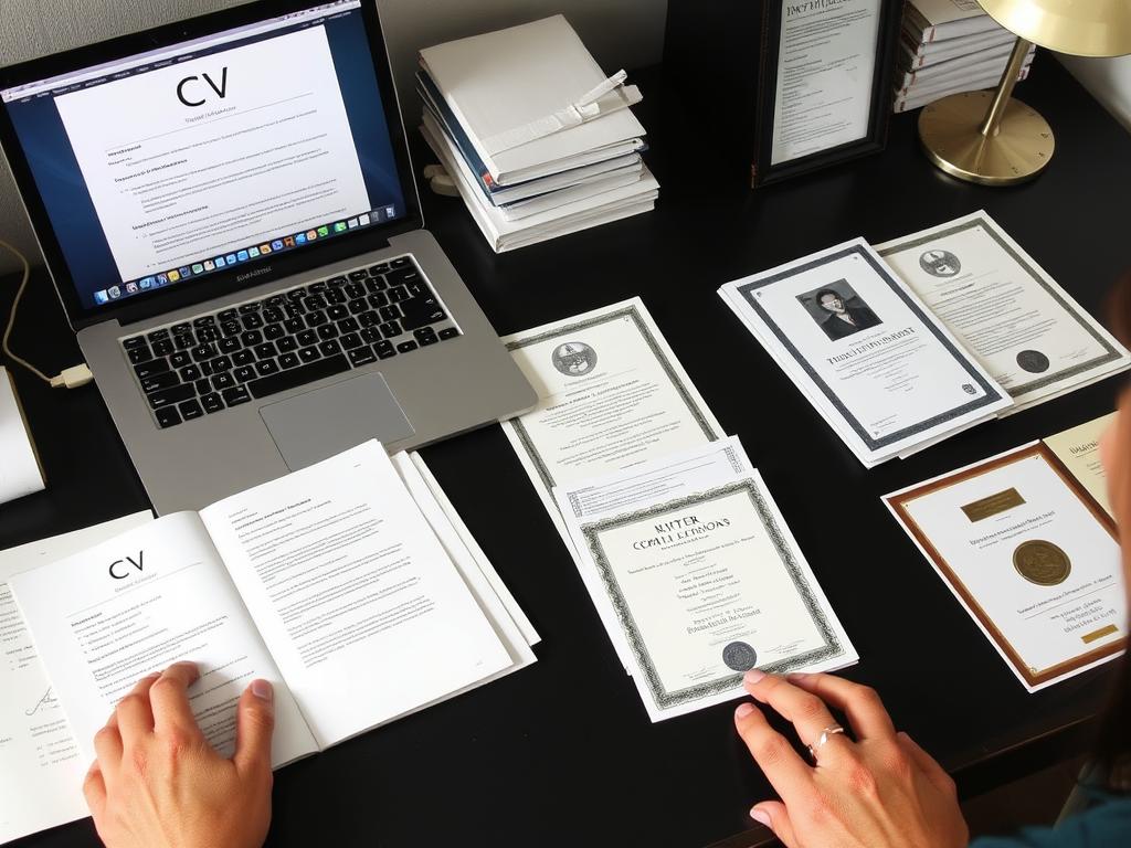 Writer organizing CV and professional materials for fellowship application