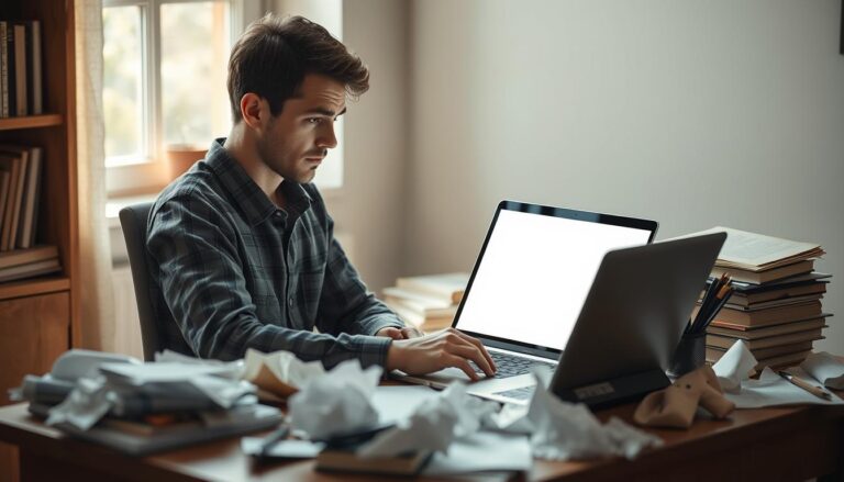 Writer staring at blank page with crumpled papers around desk, illustrating writer's block and common writing challenges