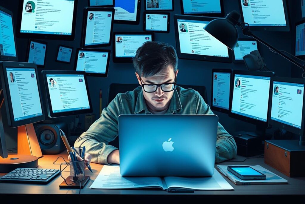 Writer surrounded by multiple digital devices showing social media notifications, representing digital distractions and modern writing challenges