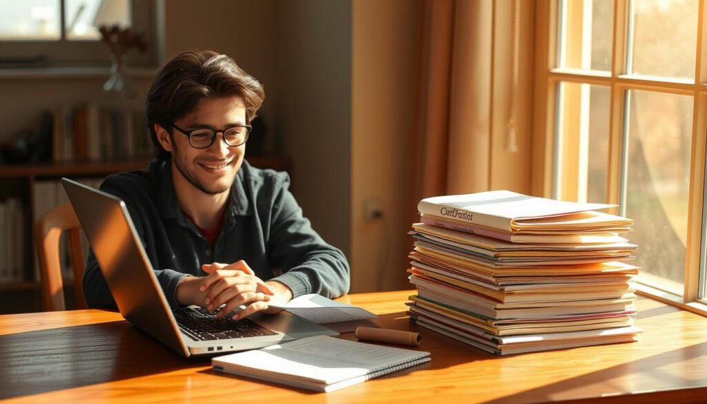 Writer typing confidently with completed manuscript pages nearby, representing overcoming writing challenges