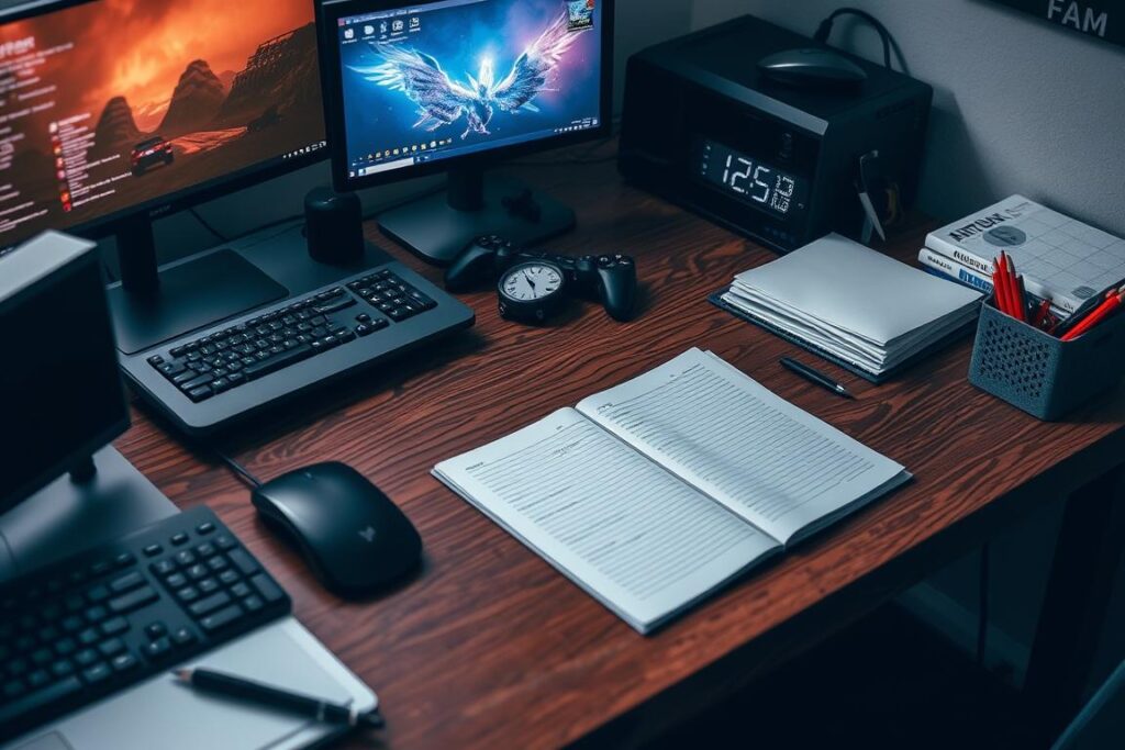Writer with timer next to gaming setup to beat writer's block Writer with timer next to gaming setup to beat writer's block