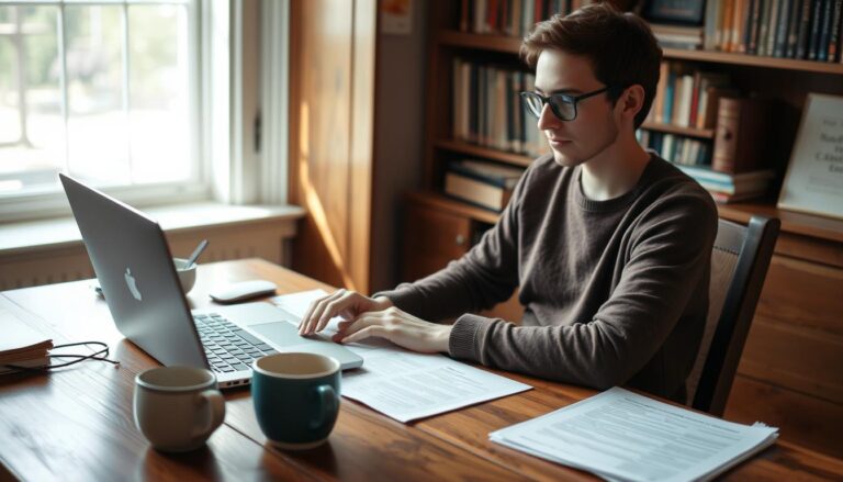 Writer working on fellowship application at desk with laptop and coffee