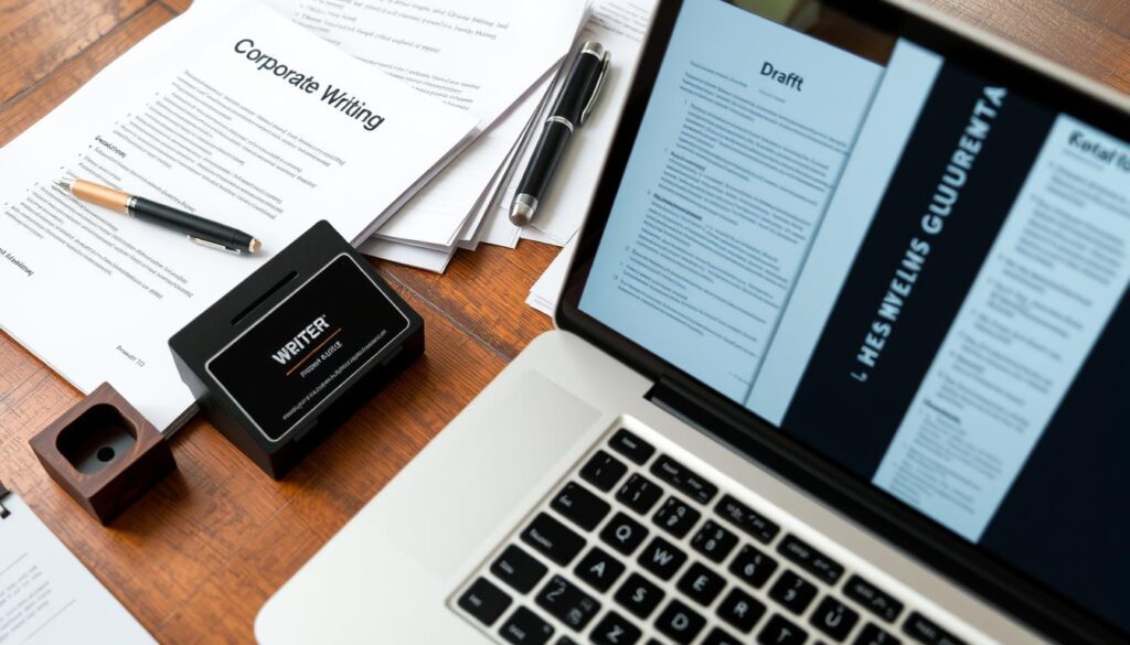Writer's desk with corporate style guide, brand guidelines, and research materials