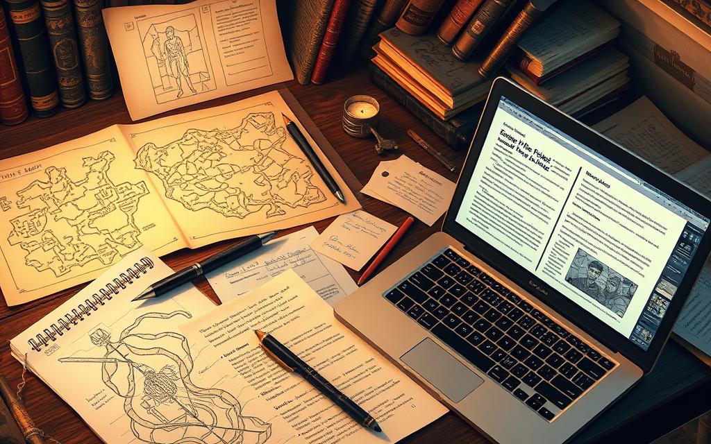 Writer's desk with fantasy worldbuilding elements: maps, character sketches, and notes about magical systems, representing worldbuilding writing challenges