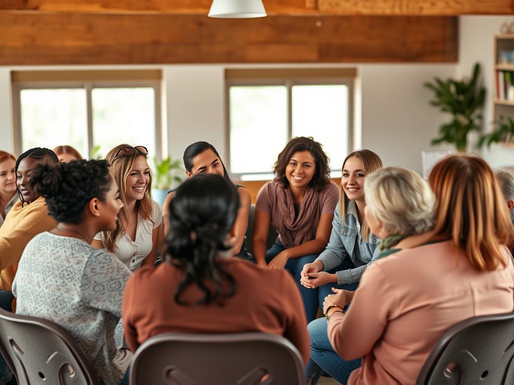 A diverse group of people engaged in conversation, sharing personal stories