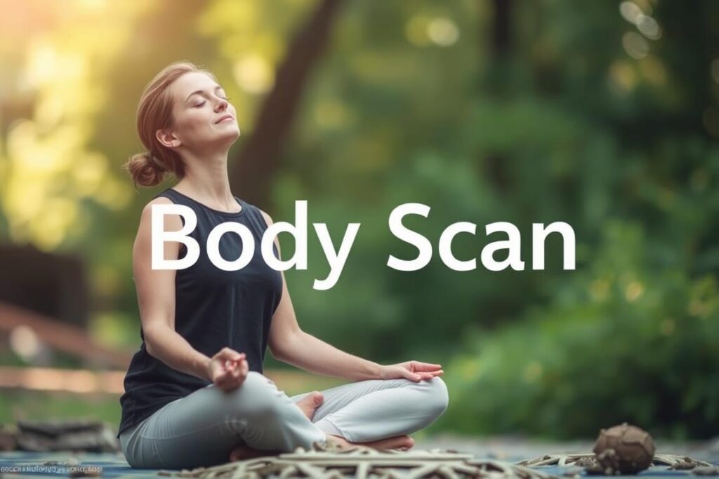 A person in a meditative pose, representing the mindfulness journey in the Body Scan narrative