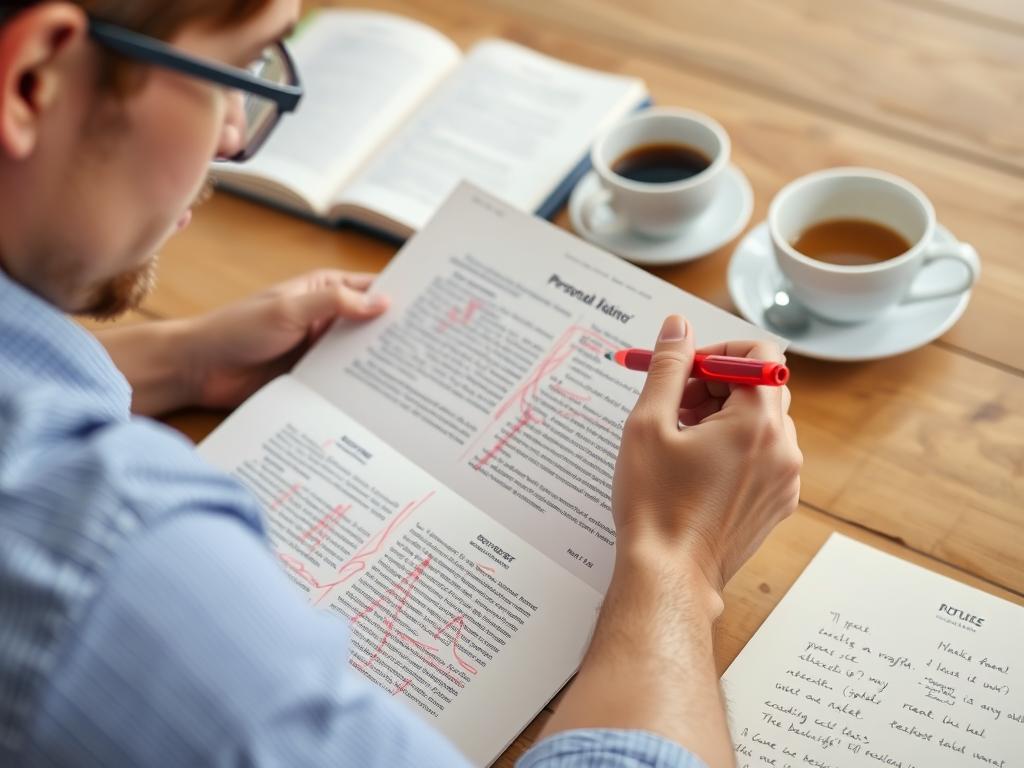 A person reviewing and editing a personal narrative manuscript with red pen markings