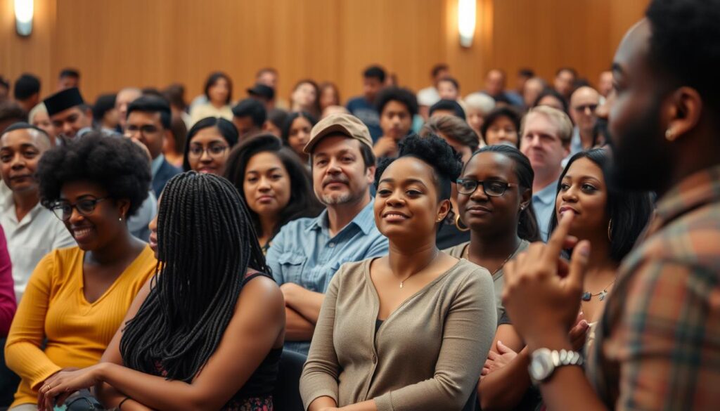 A person sharing their personal narrative with an engaged audience