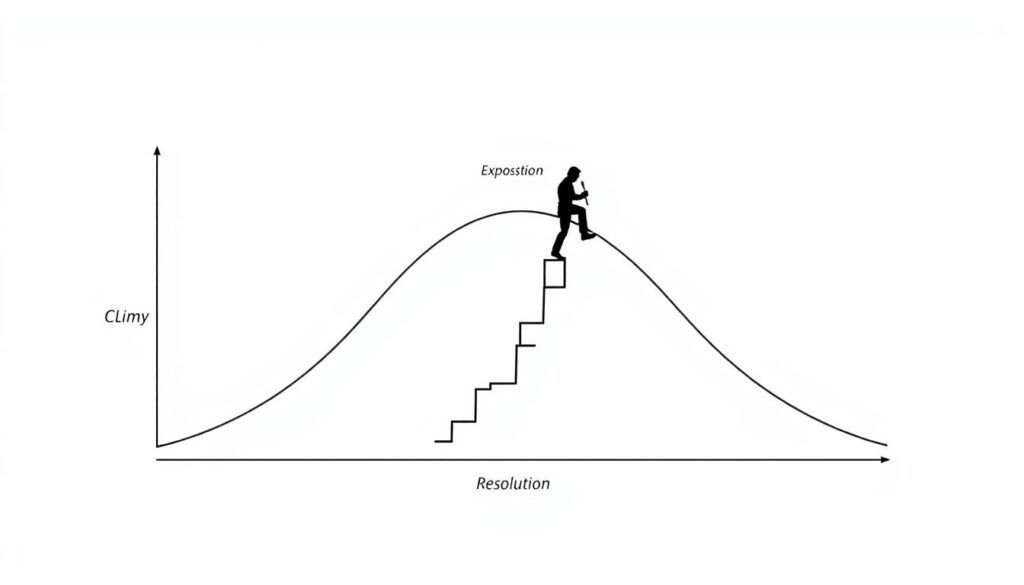 A visual representation of the narrative arc showing exposition, rising action, climax, falling action, and resolution
