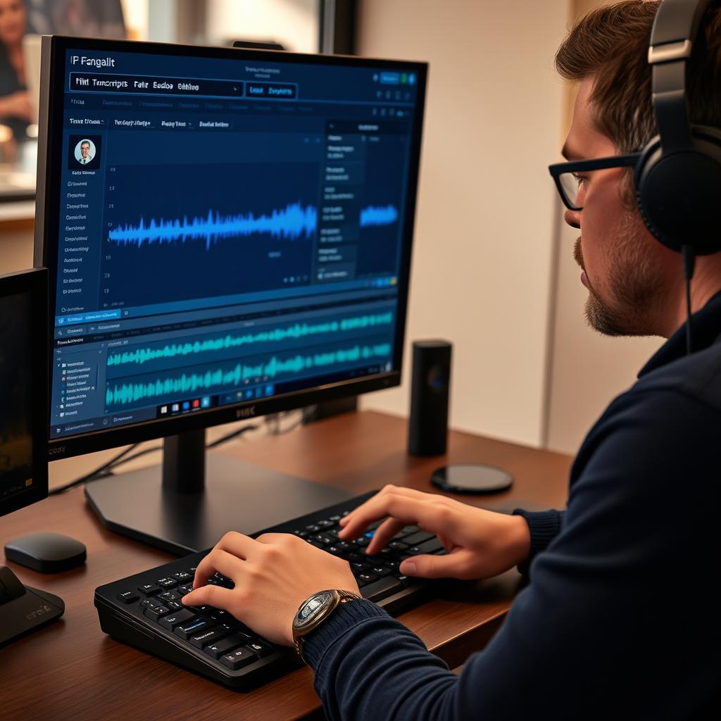 Entertainment transcriptionist working on podcast or film transcript