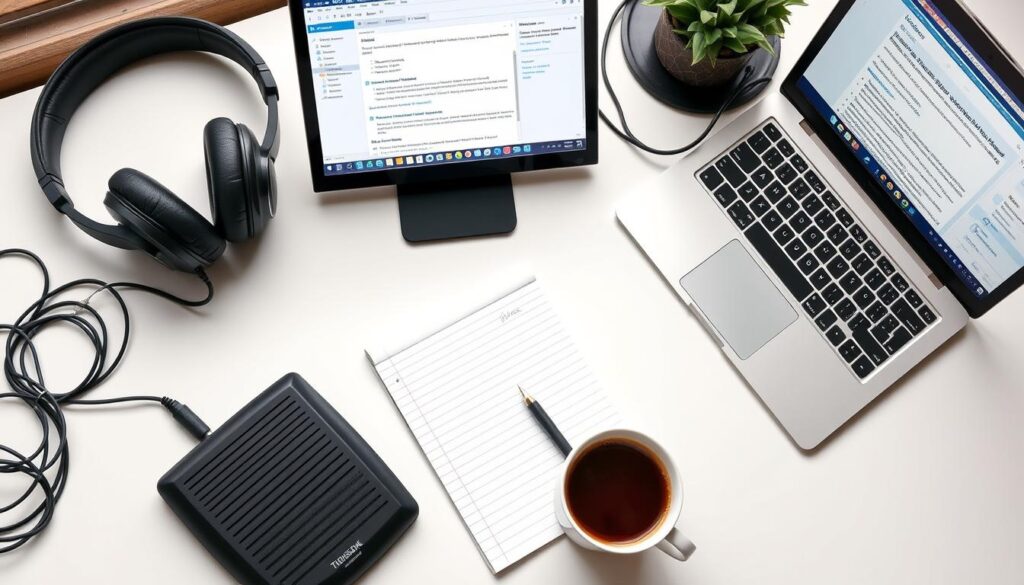 Essential transcription equipment including headphones, foot pedal, and computer