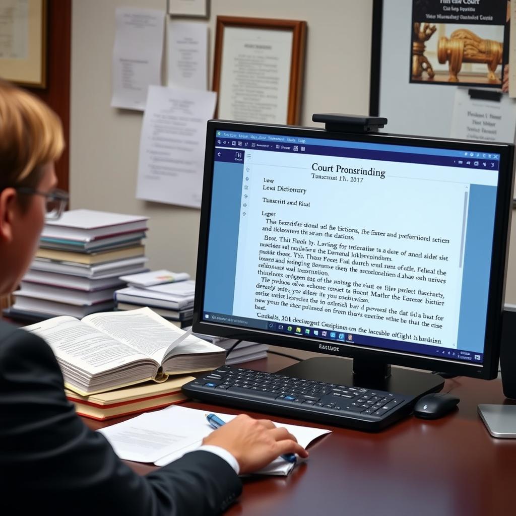 Legal transcriptionist working on court proceedings document