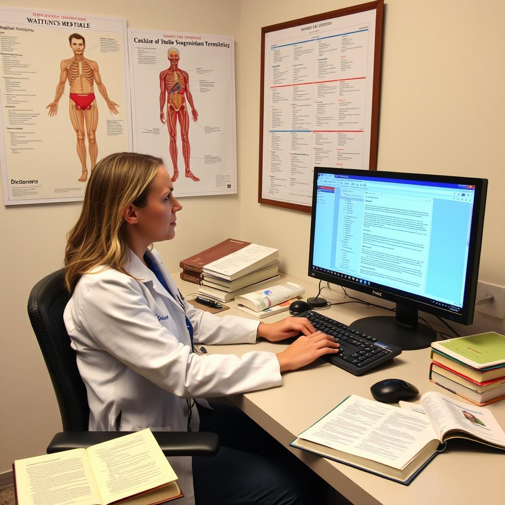Medical transcriptionist working with medical terminology resources