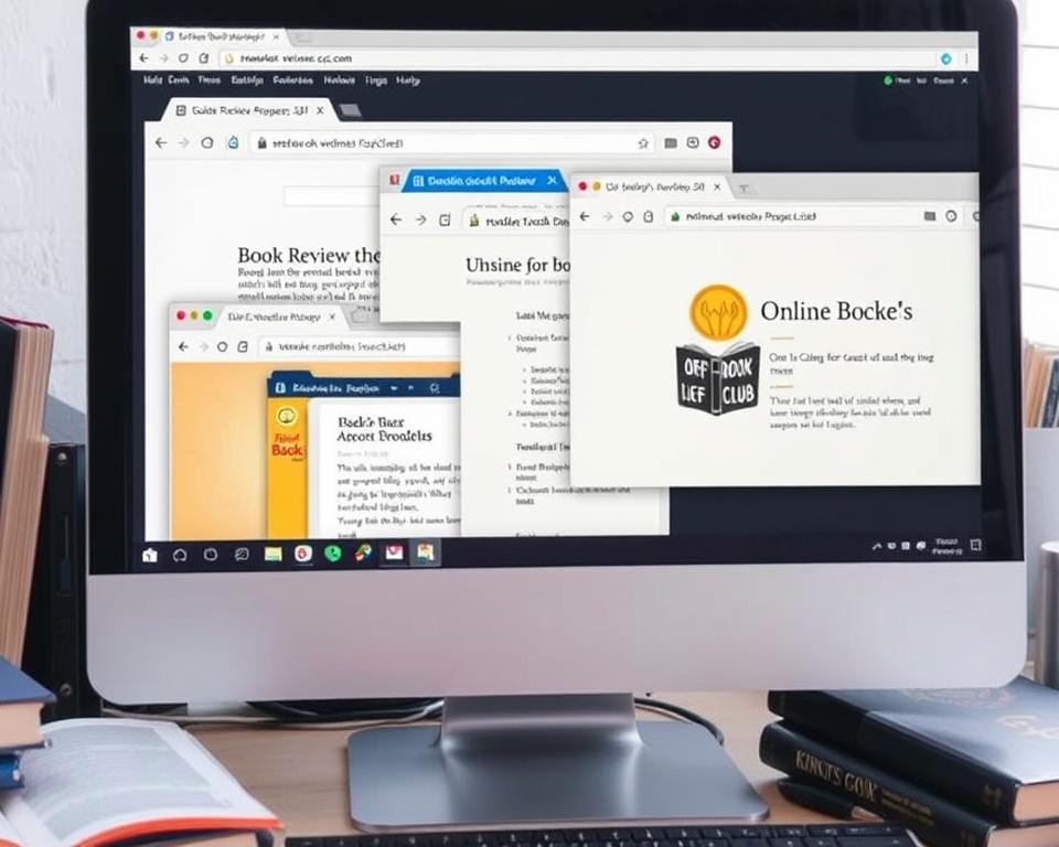 Multiple book review websites displayed on a computer screen, showing platforms that pay to read books