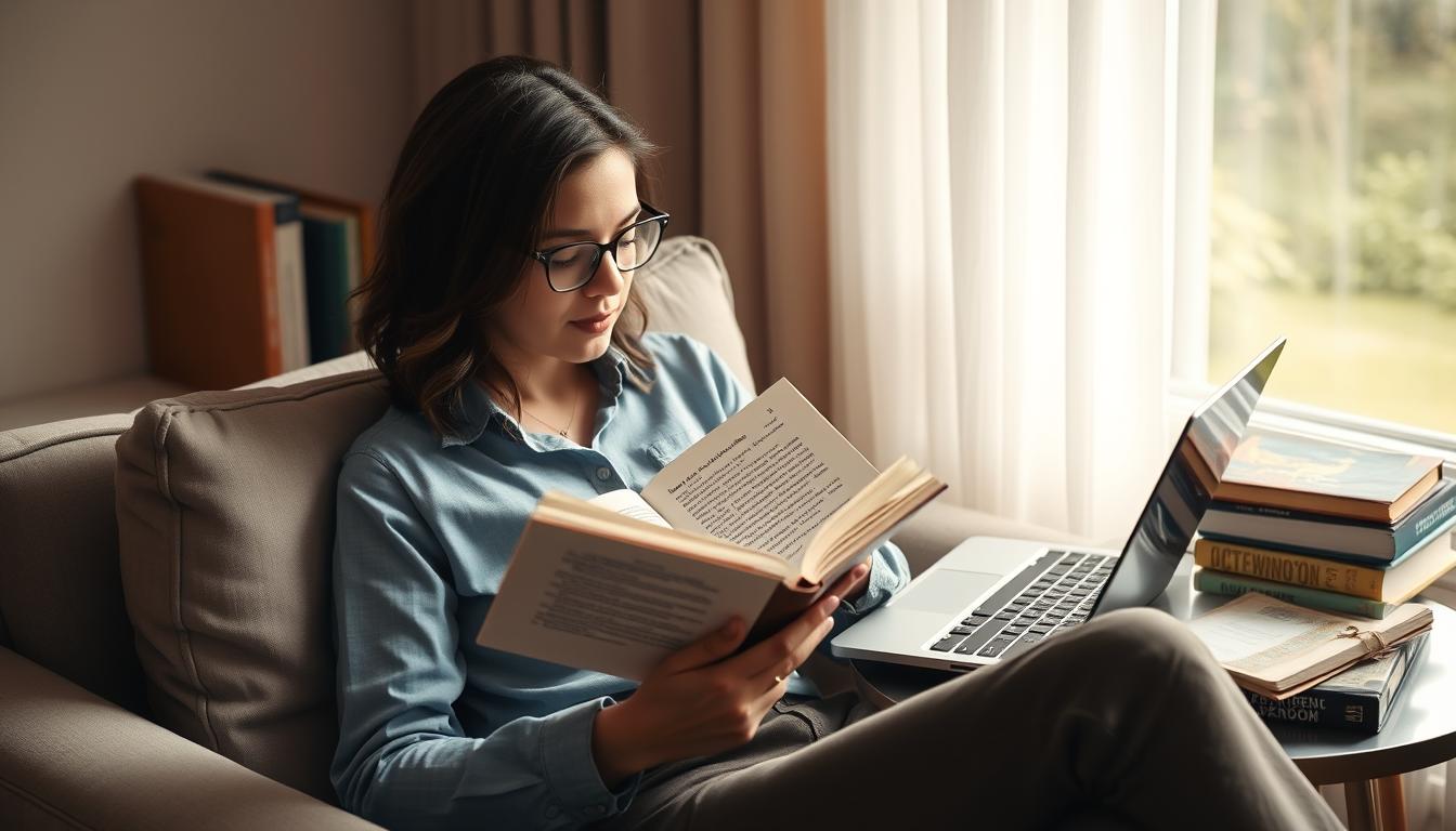 Person reading a book with a laptop nearby, representing getting paid to read books