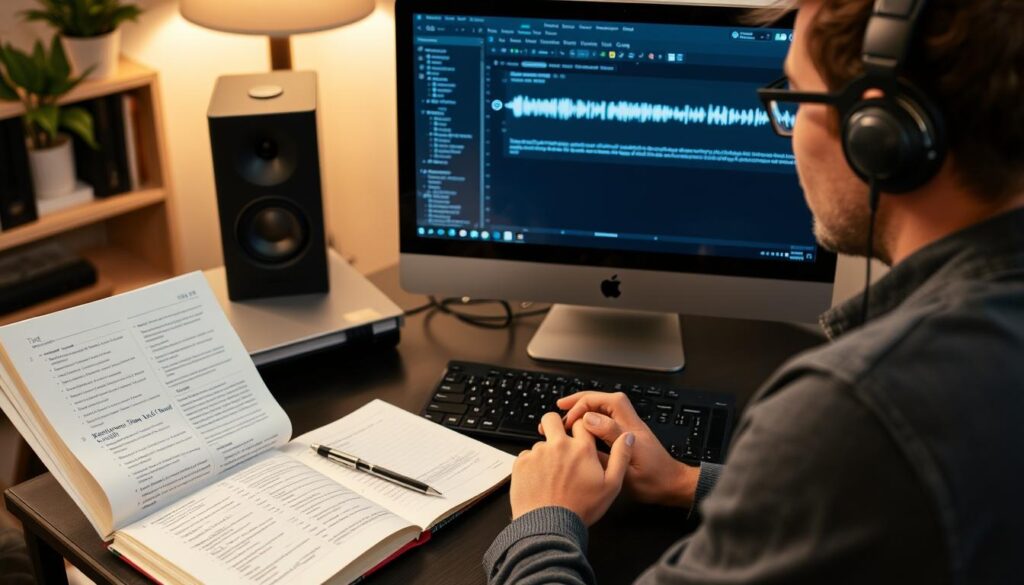 Person taking a transcription test with style guide open