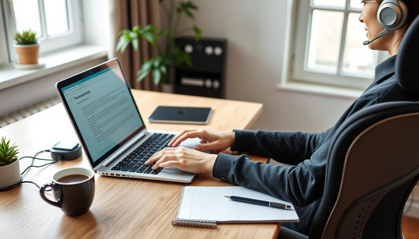 Person working on transcription job at home office with headphones and computer