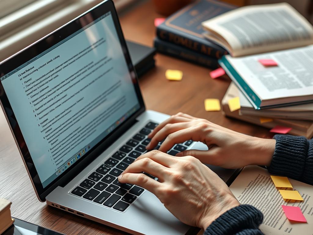 Person writing a book review on a laptop with books nearby, showing how to get paid to read books