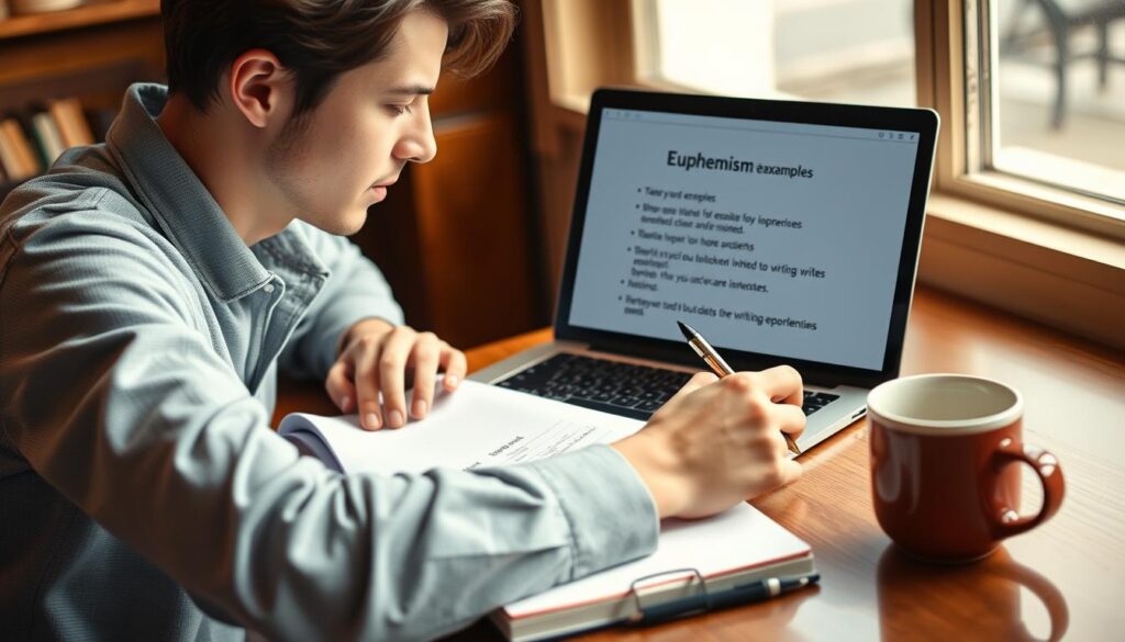 Writer working on manuscript using euphemisms effectively